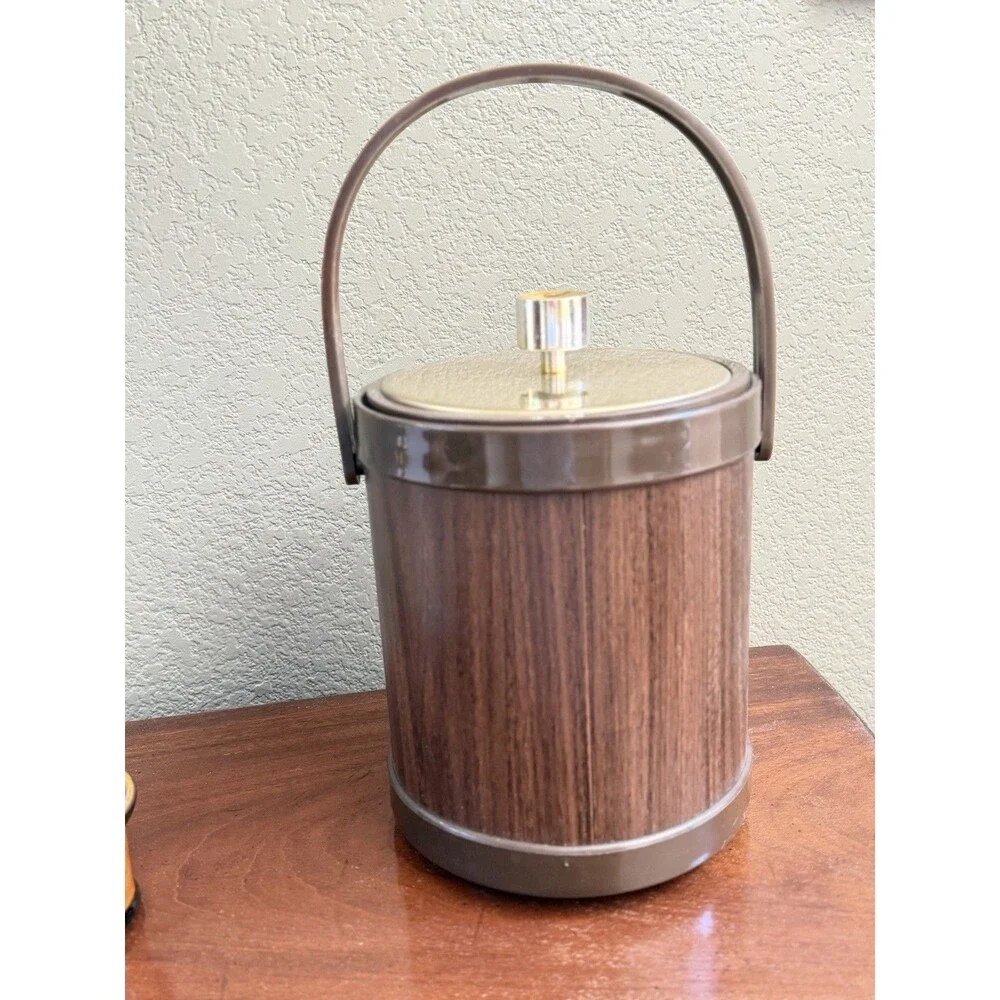 Vtg Kromex ICE BUCKET Gold Plastic Faux Wood Barware Bar Mid Century Modern MCM